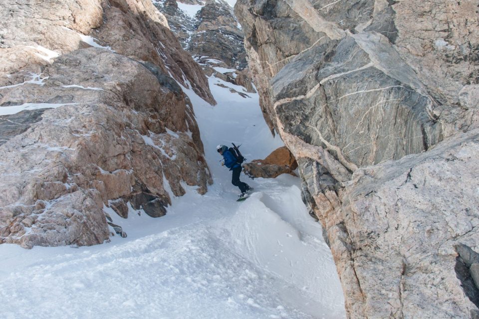 Derrik Sulzer at the bottom of the SouthEast Couloir on the South Teton